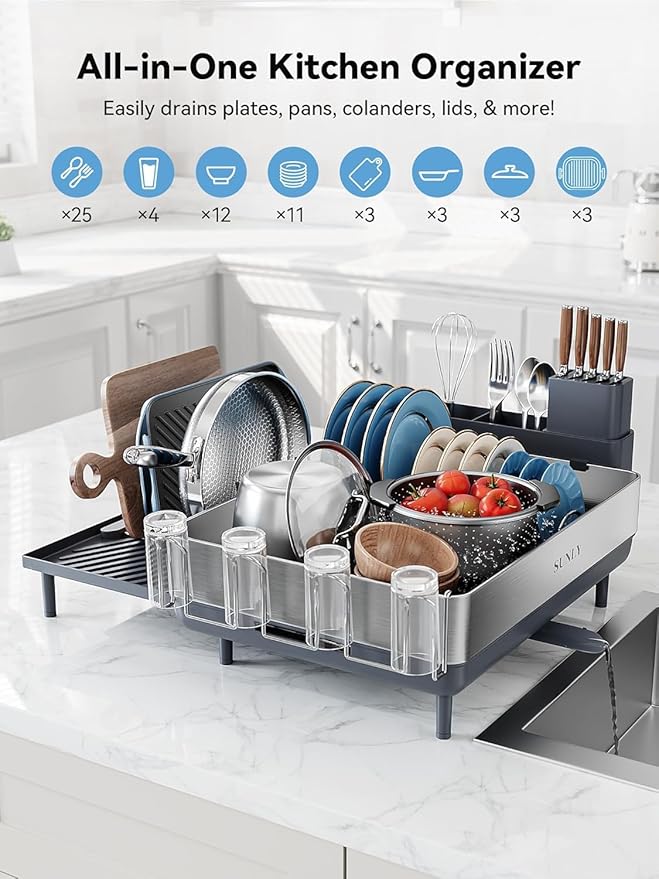 SUNLY Large Dish Drying Rack, Expandable Dish Racks for Kitchen Counter, Space Saving 304 Stainless Steel Drying Rack Kitchen, Extra Large Drainer with Multifunctional Flip Up Pegs, Gray