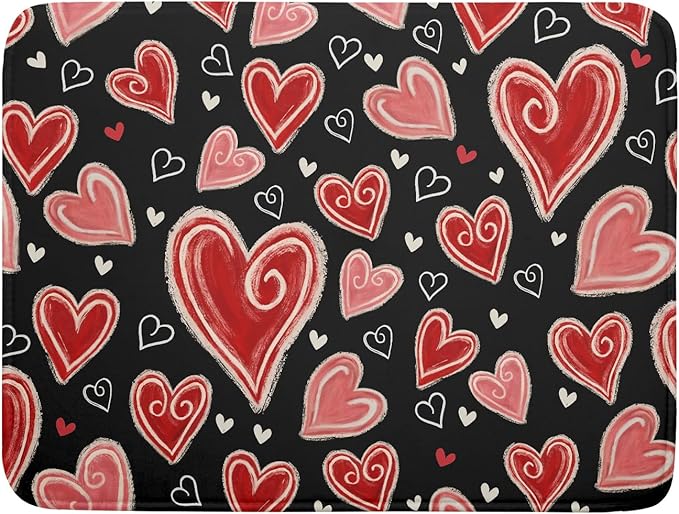 Valentines Day Dish Drying Mat for Kitchen Counter 24x18 Inch Black Red Heart Drying Mat with Absorbent Reversible Microfiber Love Dish Drainer Mats Rack Pad for Coffee Countertop Protector