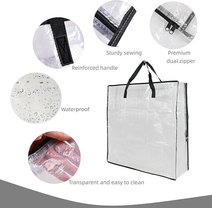 3 Pack Clear Bags with Zipper and Handles, Halloween Christmas Wreath Storage, Gift Bag Organizer, Moving Boxes Alternative, Under the Bed Storage