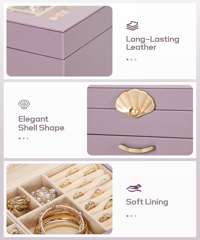 Jewelry Box with 2 Drawers: Jewelry Display Organizer for Earrings Necklaces - Gifts for Girls Women (Grey Purple)