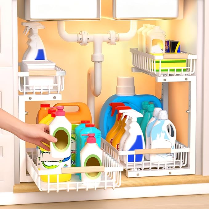 ZELOREA Under Sink Organizer, 2 Tier Pull Out Under-Sink Shelves, Adjustable Height (13.8" -16.9"), Sturdy Metal Storage Organizer for Bathroom Kitchen Pantry Cabinet (2 Packs, White)