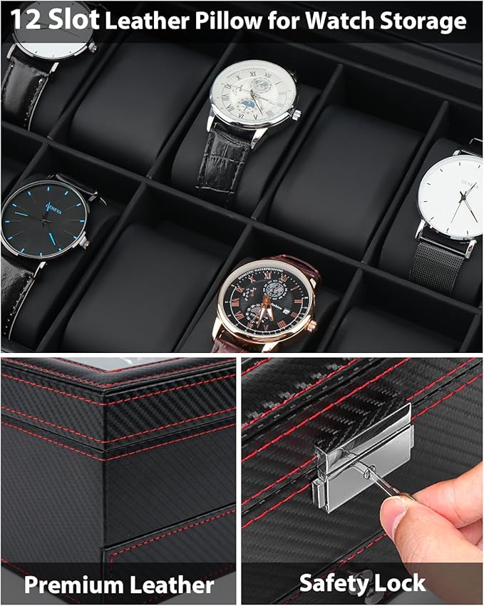 Jenseits 12 Slot Watch Case,2 Layers Watch Box Organizer with Large Glass Lid, Lockable Leather Watch Holder Display Case Storage with Jewelry Organizer Holder Drawer, Ideal Gift for Men Women, Black