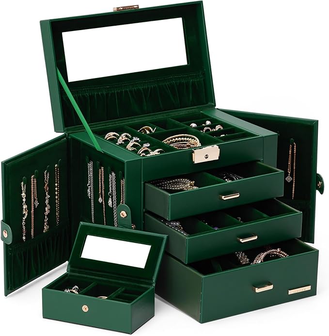 Homde 2 IN 1 Jewelry Box for Women Girls with Small Travel Case Mirror Necklace Ring Earrings Organizer (Forest Green + Gold)