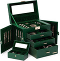 Homde 2 IN 1 Jewelry Box for Women Girls with Small Travel Case Mirror Necklace Ring Earrings Organizer (Forest Green + Gold)