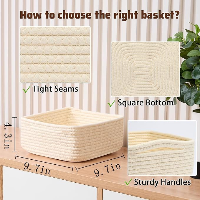 Small Square Shallow Baskets for Organizing, 9.7x9.7x4.3 Inch Rope Woven Storage Bins for Cubes Closet, Shelves Storage, Boho Decorative Basket, 2 Packs Beige