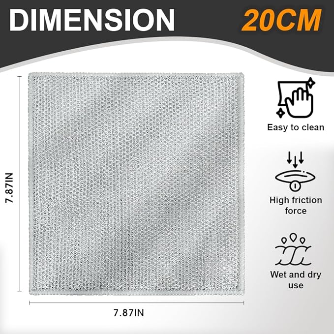 BD Prime Ventures Wire Cleaning Cloths, 10-Pack Multipurpose Dishwashing Rags, Reusable Kitchen Scrubber, Effective Dishcloth Rag for Cookware (Silver)