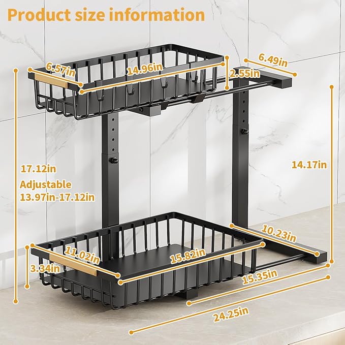 ZMJESSNIA Under Sink Organizer, 2 Tier Under Sink Organizers and Storage, Metal Slide out Pull out Cabinet Organizer ，2 Pack Sliding Drawer Organizer for Kitchen Bathroom Pantry