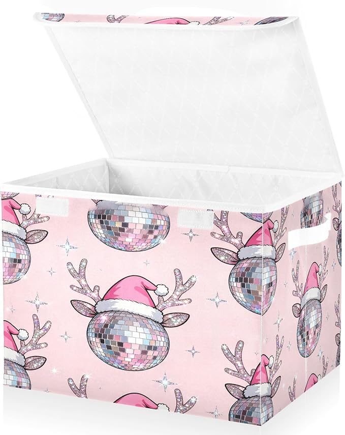Christmas Disco Ball Reindeer Storage Bins with Lids Foldable Storage Basket with Handles Collapsible Large Fabric Organizer Containers for Clothes Shelves Closet Office Home