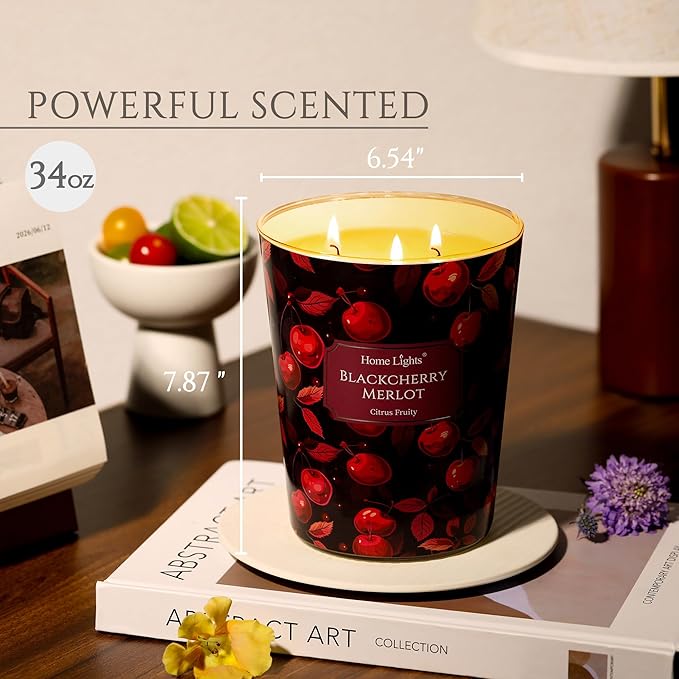 HomeLights Scented Candles | Large Jar 34 Oz Natural Soy Candle | 130 hrs Long-Lasting with 3 Wicks | Eclectic Mixed Styles Home Decor | Gifts for Mom & Women, Blackcherry Merlot