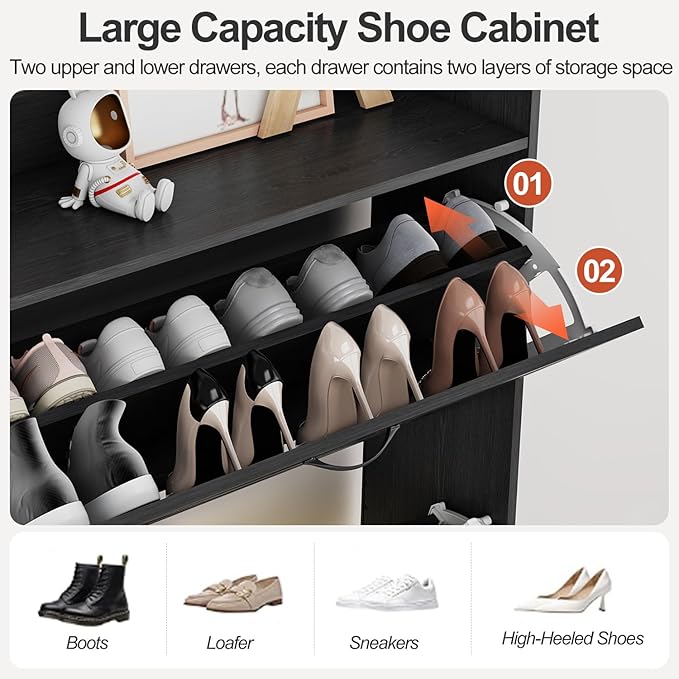 Shoe Cabinet with 2 Flip Drawers & Adjustable Shelf,Wood Shoe Organizer,Freestanding Hidden Shoe Storage Cabinet for Entryway,Hallway (Black)