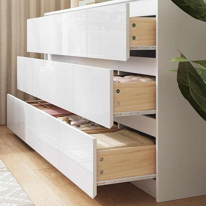 White Dresser for Bedroom,60.4" W High Gloss Large 9 Drawers Dressers with Handle Free, Wide High Gloss Chest of Drawers Large, Long Modern Storage Drawer Dresser for Bedroom, Living Room