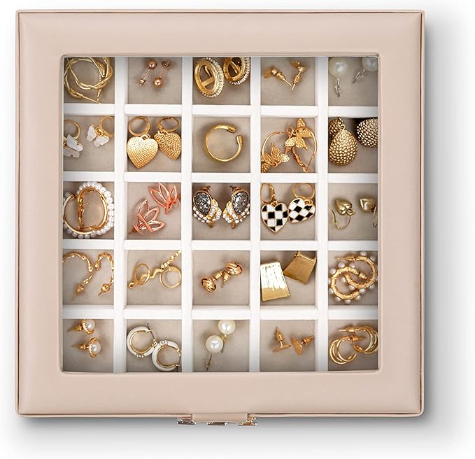 Glenor Co Earring Organizer - Classic 50 Section Jewelry Box/Case/Holder for Earrings, Rings, Necklaces, Jewelry, Cufflinks or Collections -2 Layer Small Compartments with Large Glass Top - Sand