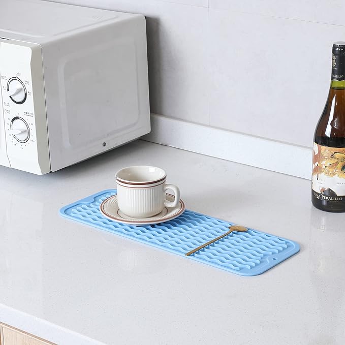 MicoYang Silicone Dish Drying Mat for Multiple Usage,Easy clean,Eco-friendly,Heat-resistant Silicone Mat for Kitchen Counter,Sink,Bar,Bottle,or Cup Light Blue M 17 inches x 6 inches