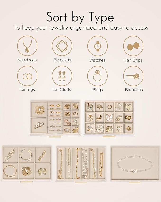 Vlando Jewelry Box for Women Girls,Jewelry Organzier,5 Drawers,Glass Lid Jewelry Organizer Storage for Gem Diamond Necklaces Rings Earrings Bracelets Apricot White