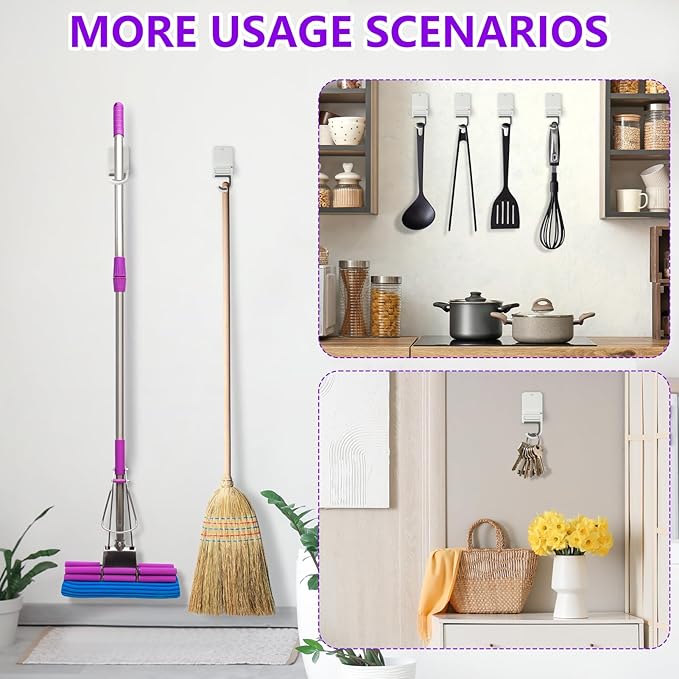 Broom and Mop Holder Wall Mount, Heavy Duty Screw Drilling Gripper Rack Supports up to 10 lb for Kitchen, Laundry Room, Garage, and Garden Storag (8, White)