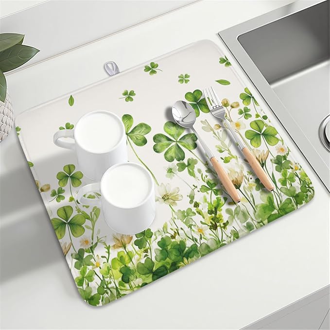 ABSOP St Patrick's Day Dish Drying Mat 16 x 18 Inch Green Clover Dish Drainer Rack Mat Absorbent Microfiber Mats for Shamrock Dish Pad Spring Lucky Dish Pad for Kitchen Bar Decor