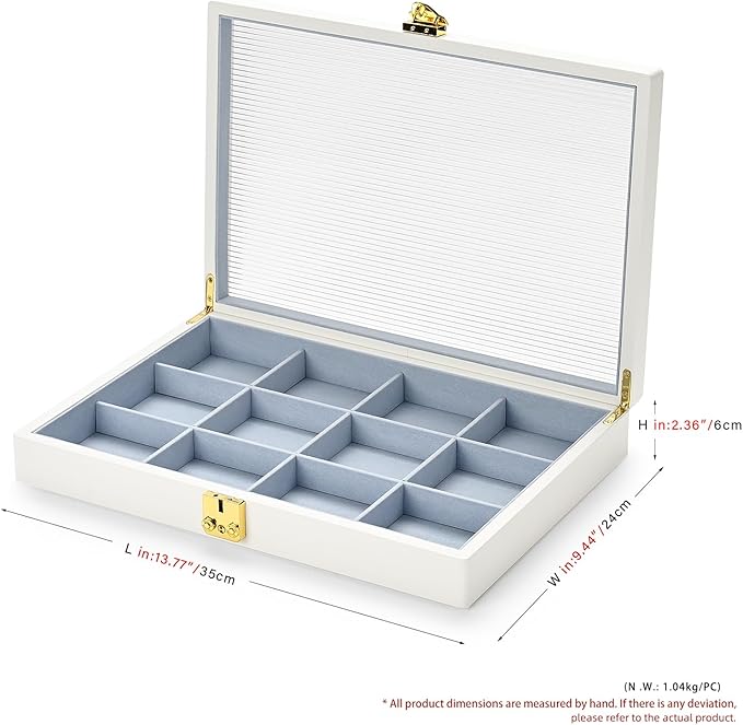 Oirlv White 12 Gird Luxury Leather Jewelry Organizer Tray with Clear Lid Lockable Jewelry Box Bangle Holder Box for Women (Blue Interior) 12 Grid
