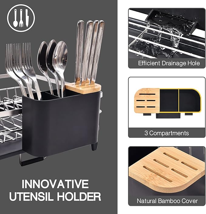 Expandable Dish Rack, Dish Drying Rack for Kitchen Counter, Foldable Dish Dryer Rack, Stainless Steel Dish Drainer Racks with Cutlery Holder, Collapsible Dish Drying Racks Standard Size, Silver