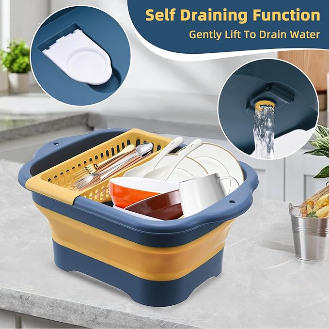 Collapsible Dish Basin & Wash Basin – 11L(2.91 Gal) Portable Sink with Drain Plug, Foldable Kitchen/Camping Sink for Dishwashing, Vegetable, RV, Camping & Outdoor Use (BLUE)