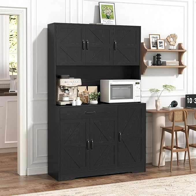 71" Pantry Cabinet with Charging Station, Large Capacity Kitchen Hutch Storage Cabinet, Kitchen Cabinet with Microwave Stand, Storage Drawers & Adjustable Shelves for Dining Room, Black