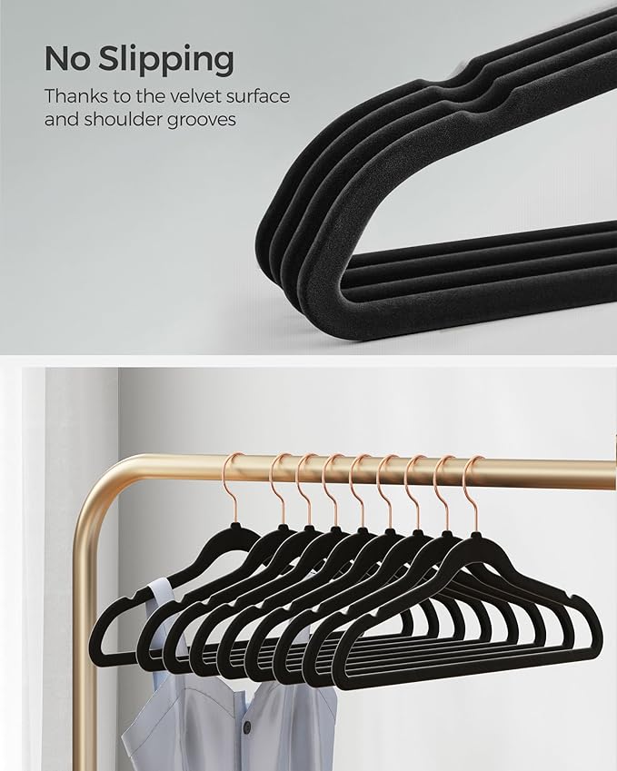 SONGMICS Slim Velvet Hangers, Non-Slip Clothes Hangers with Rose Gold Swivel Hooks, Space-Saving, for Closet, 50 Pack, Black UCRF026B50