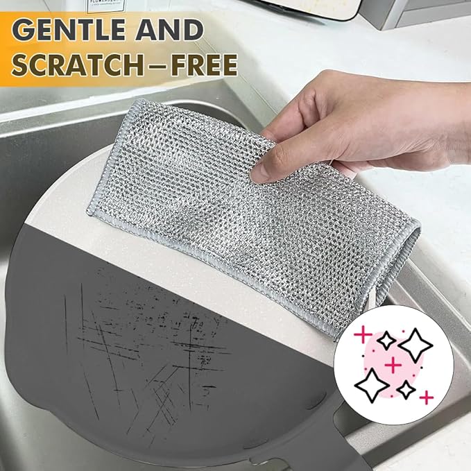 BD Prime Ventures Wire Cleaning Cloths, 10-Pack Multipurpose Dishwashing Rags, Reusable Kitchen Scrubber, Effective Dishcloth Rag for Cookware (Silver)