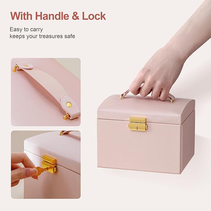 CASEGRACE Jewelry Box Organizer for Women Girls, Three Layer Jewelry Storage Box with Mirror PU Leather Jewelry Display Case for for Bracelets, Earrings, Rings, Necklaces,Pink