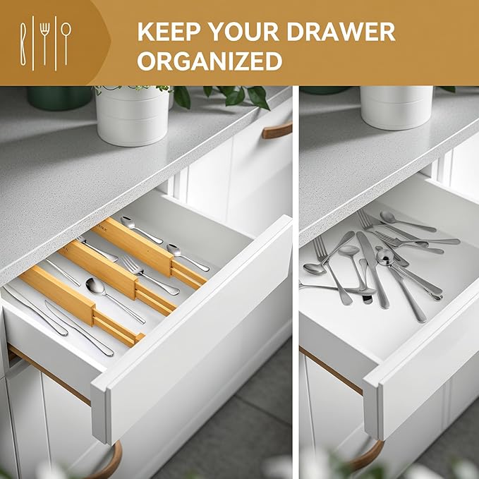 Secura Bamboo Drawer Dividers Organizer 4-Pack, Adjustable Drawer Separators Expandable from 12.0-17.1 inches for Kitchen, Office, Bathroom, Closet, Dresser