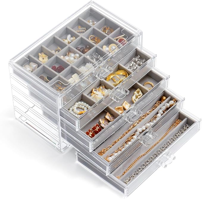 Jewelry Organizer with 5 Drawers Clear Acrylic Earring Display Case Velvet Jewelry Storage Box Display Holder for Earring Ring Bracelet Necklace (Gray, 48 Grids)