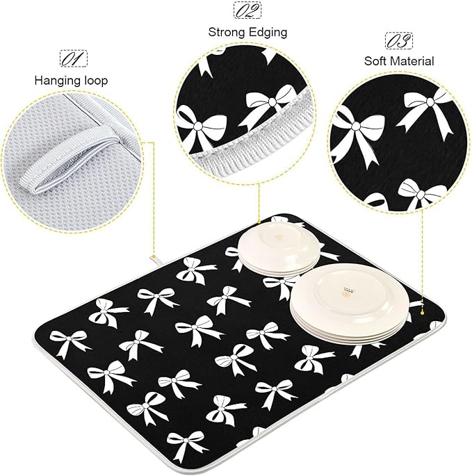 Black Bow Dish Drying Mat for Kitchen Countertop 18x24 Bowknot Coquette Rectangle Large Drying Mat Reusable Quick Dry Dish Sink Absorbent Mats Dishwasher Easy Clean Decorative Home Decor Essentials