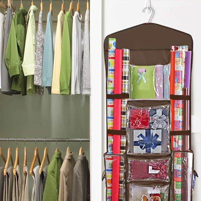 ProPik Hanging Double Sided Wrapping Paper Storage Organizer with Multiple Pockets, Organize your Gift Wrap, Gift Bags, Bows, Ribbons 40"X17" Fits 40 Inch Rolls Clear PVC Bag (Brown)