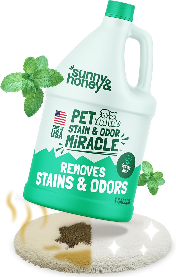 Sunny & Honey Pet Stain Remover - For New and Deep-set Stains - Pet & Kid Safe Pet Enzyme Cleaner - Fast Acting Carpet Cleaner Spray for Rugs, Upholstery & Furniture (128 fl oz, Spring Mint)