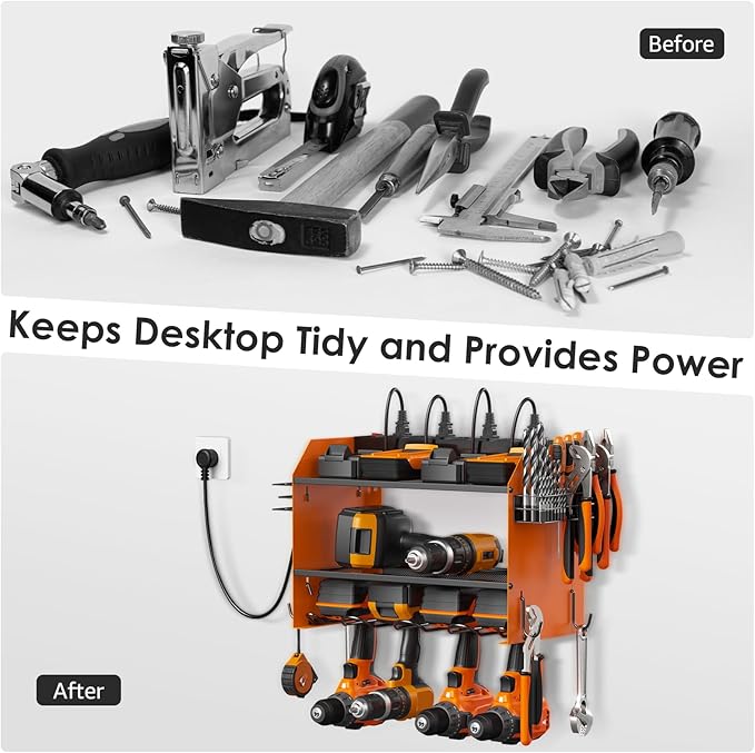 CCCEI Modular Power Tool Organizer Wall Mount with Charging Station. Garage Drill Storage Shelf with Hooks, Heavy Duty Rack, Tool Battery Holder Built in 8 Outlet. Gift for Men. Orange, 1 Pack.