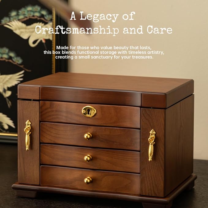 Kinsuite Black Walnut Jewelry Box - 4-tie Mirror & Multiple Drawers Handcrafted Solid Wood Treasure Chest for Women, Floral-Inspired Storage Organizer