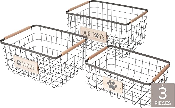 RGI Home Dog Toy Storage Baskets – Set of 3 Rectangular Metal Organizer Bins for Pet and Household Storage, Multi-Sized with Wood Accents, Durable and Rustic, Antique Gray Metal