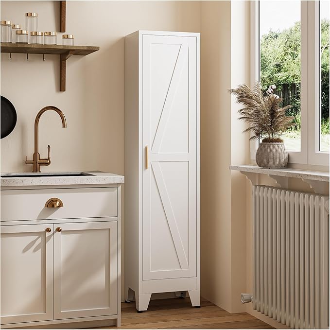 67" Tall Storage Cabinet with Reversible Doors and Adjustable Shelves,Metal Slim Freestanding Cabinets for Bathroom Kitchen Garage Small Spaces,White