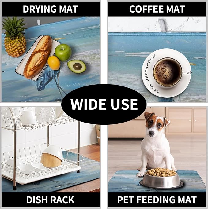 Kwlegh Summer Blue Dish Drying Mat for Kitchen Counter 16x18 Inch Heron Coastal Beach Drying Mats Nautical Ocean Bird Dishes Drainer Mats Microfiber Absorbent Dish Rack Pad