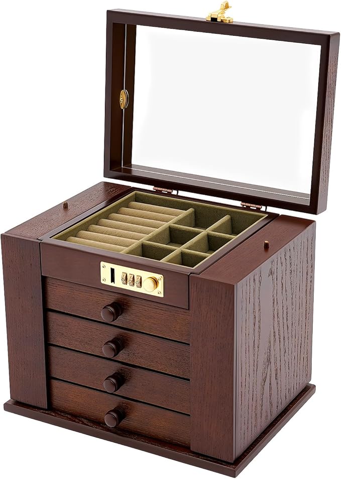 Wooden Jewelry Box, 5 Layers with 4 Drawers Large Locking Jewelry Organizer, Watches Necklace Ring Storage Box for Women (Dark Brown)