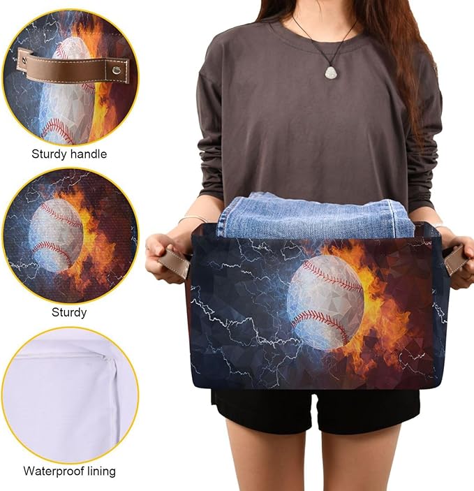 ALAZA Funny Baseball Ball Fire Water Foldable Storage Box Storage Basket Organizer Bins with Handles for Shelf Closet Living Room Bedroom Home Office 1 Pack