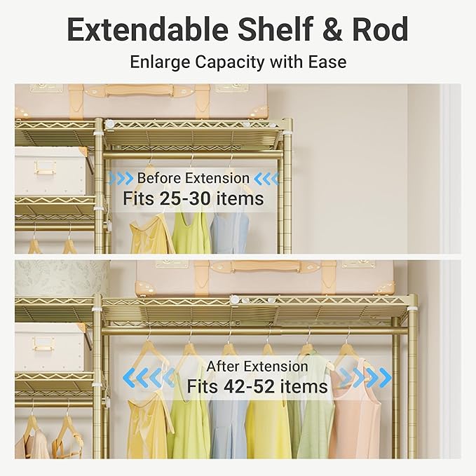 VIPEK X20 Expandable Metal Clothing Rack Adjustable from 3'3" to 4'8" Heavy Duty Garment Racks with Adjustable Shelves and Hanger Rods Portable Wardrobe Open Closet Rack System, Gold