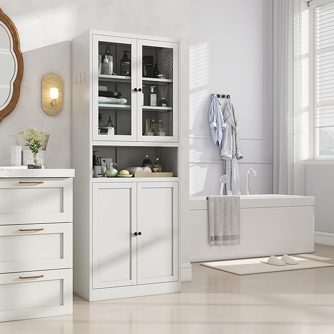 Kitchen Pantry Cabinet, 72" H Storage Cabinet with Glass Doors and Adjustable Shelves, Metal Bathroom Cabinets, Utility Cabinets for or Kitchen, Living Room, Assembly Required, White