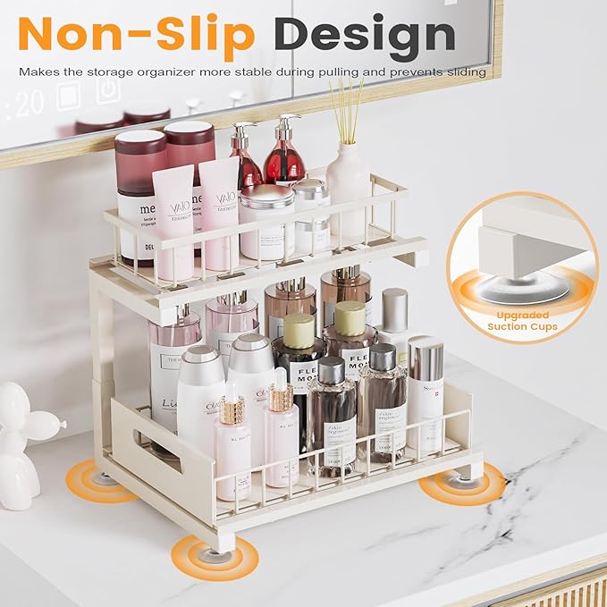Toyear Under Sink Organizer, Heavy Duty Metal Pull Out Cabinet Organizer Slide Out Sink Shelf Organizer Height Adjustable, Multi-Purpose Storage Shelf for Kitchen Bathroom(Sand,2Pack)