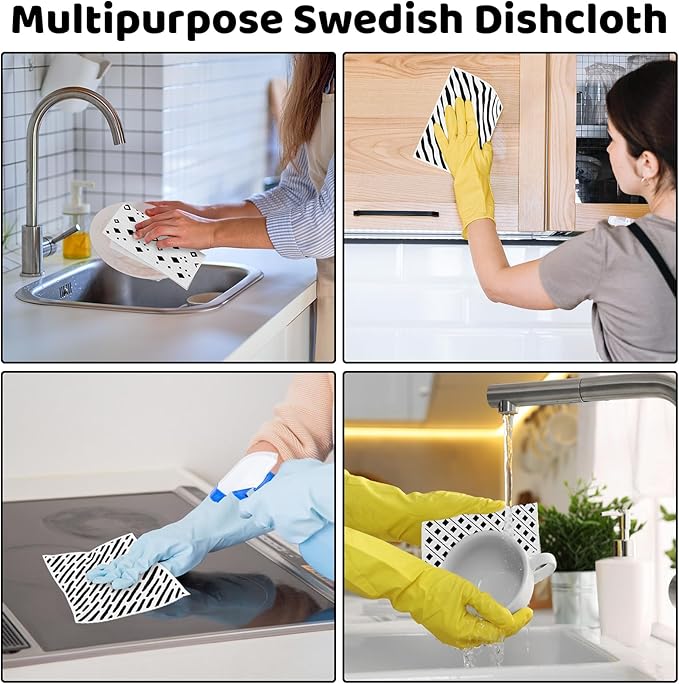 6 Pack Swedish Dishcloths for Kitchen,Swedish Rags Dish Towels with Clips, Reusable Paper Towels Washable Absorbent Cellulose Sponge Cloths No Odor for Cleaning Kitchen Valentines Gifts for Women