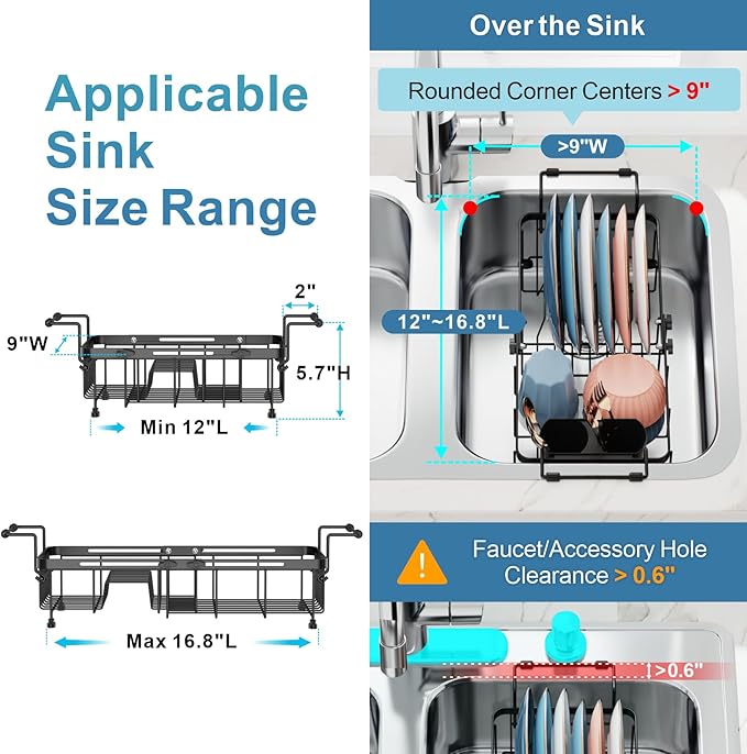 iSPECLE Small Sink Dish Drying Rack with Silicone Mat, Expandable Compact Rust Resistant Dish Drainer for RV Apartment Kitchen, Dish Rack with Tightening Knob, 9" W x 12"-16.8" L, Black