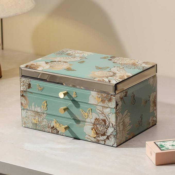 High End Glass Jewelry Box - 3 Layer Jewelry Organizer - Velvet-Lined Case For Ring, Necklace, Earring, Bracelet Storage - Green Floral and Bird - Valentine's Day Gifts For Women