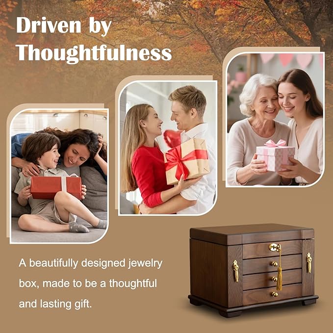 KINTNESS Black Walnut Wooden Jewelry Box with Lock - 3 Drawers Large Jewelry Organizer for Women Girls with 2 Side Storage Space and A Mirror, Jewelry Safe with Key for Bracelet, Necklace, Ring
