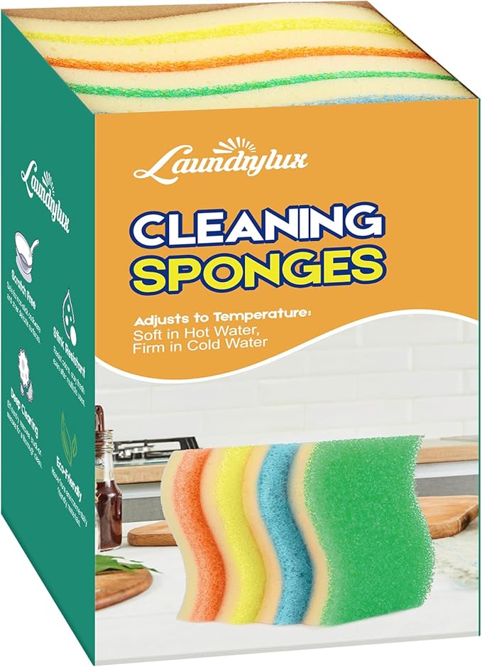 LAUNDRYLUX Scrub Sponge, 4 Pack Dual-Sided Temperature-Responsive Scrubber - Non-Scratch - Multipurpose Dish Sponges for Kitchens, Bathrooms, and Outdoor Use - S Shape