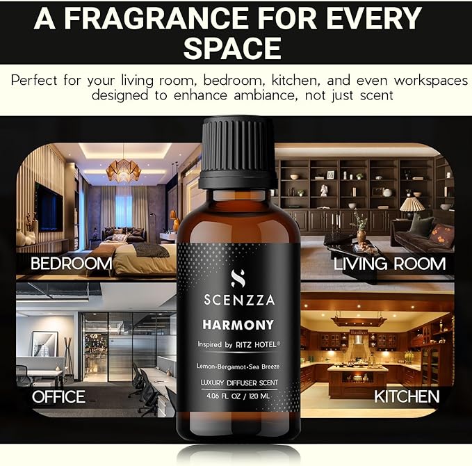 Harmony Luxury Diffuser Scent – Inspired by The Ritz-Carlton® Hotel Scent – Fresh Marine & Floral Fragrance for Ultrasonic & Waterless Diffusers – 120 Ml (4.06 Fl Oz)