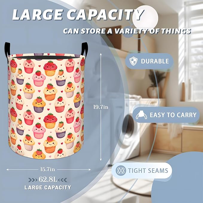 Sweet Cupcake with Strawberry Laundry Basket with Handles, 19.7"x15.7" Clothes Foldable Desserts and Heart Laundry Hamper Organizer for Dorm Nursery Bedroom Bathroom Decor, Toy Storage Bin for Kids