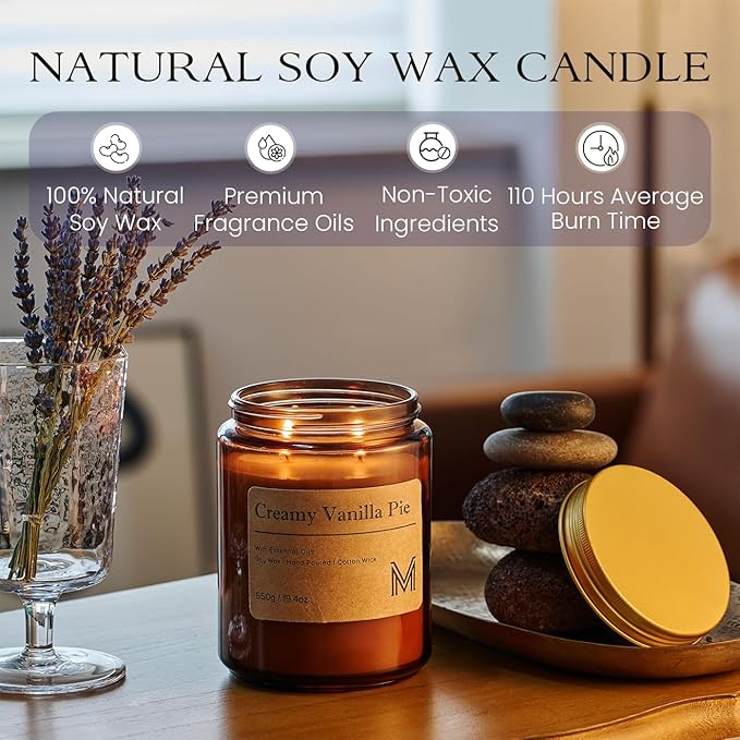 M&SENSE Creamy Vanilla Pie Scented Christmas Candle Gift | 19.4oz, 115-Hour Burn | Natural Organic Soy Wax | Long-Lasting for Stress Relief and Gifting | for Christmas, Thanksgiving, Holiday